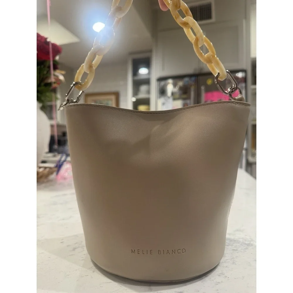 Melie Bianco Beige Vegan‎ Leather Bucket Bag Chunky Resin Chain Handle Taupe